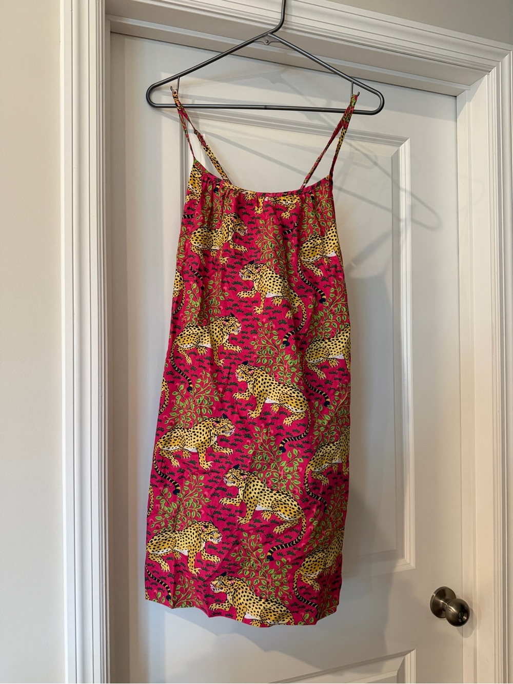 Printfresh Hot Pink Slip Dress with Yellow Leopard Print (cotton) size S
